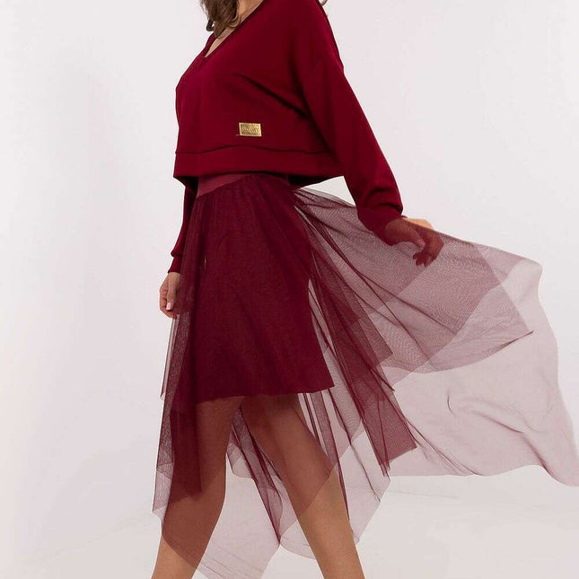 Set 203815 Elegant Red V Neck Blouse and Tulle Midi Dress