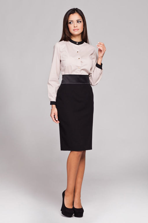 Sleek Charcoal Gray Satin-Belted Pencil Skirt with Back Zipper