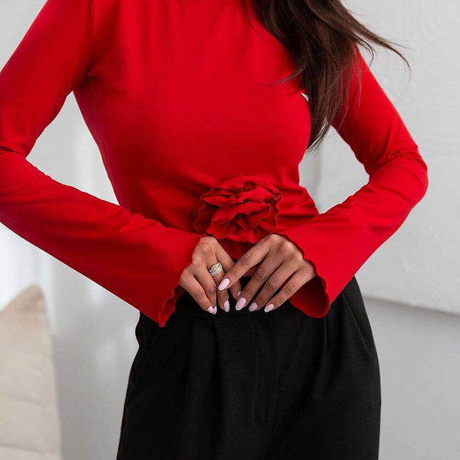 Red Rose Blouse With Long Flared Sleeves And Elastic Fabric