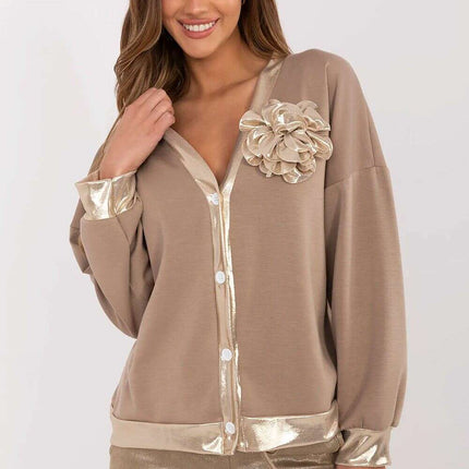Beige Women's V Neck Sweatshirt Premium Blend 208991