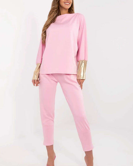Set 209499 Elegant Pink Viscose Elastane Blouse and Trousers