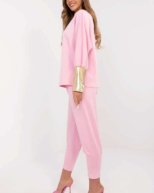 Set 209499 Elegant Pink Viscose Elastane Blouse and Trousers