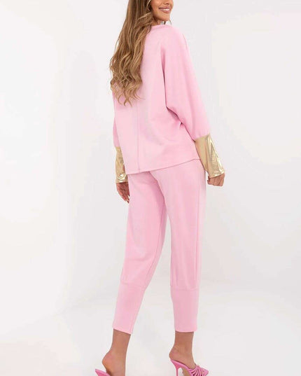 Set 209499 Elegant Pink Viscose Elastane Blouse and Trousers