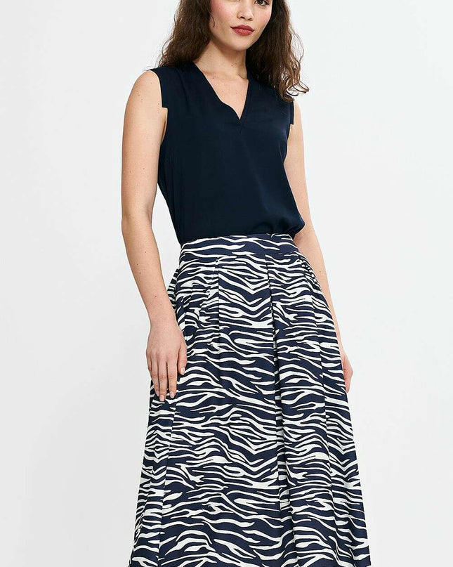 Elegant Navy Blue Midi Skirt With Pleated Waistband Pockets