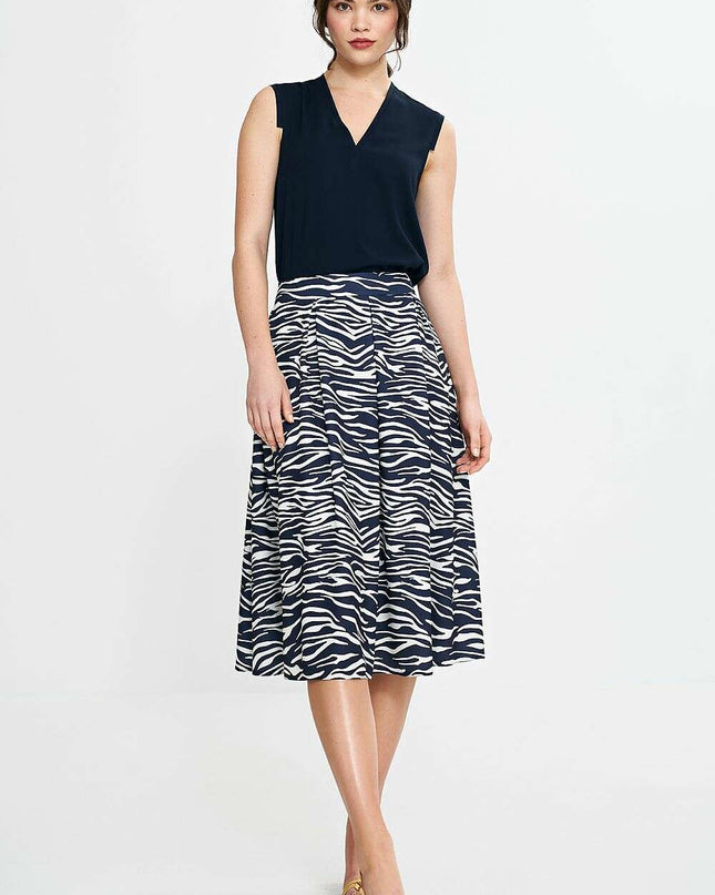 Elegant Navy Blue Midi Skirt With Pleated Waistband Pockets