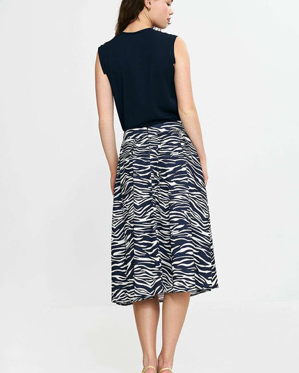 Elegant Navy Blue Midi Skirt With Pleated Waistband Pockets
