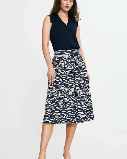 Elegant Navy Blue Midi Skirt With Pleated Waistband Pockets