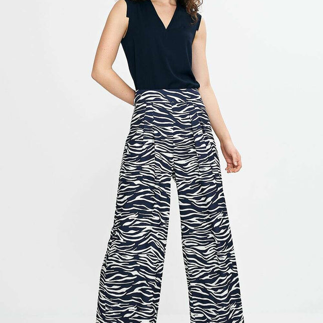 Navy Blue Palazzo Trousers With High Waist Pleats Elegant