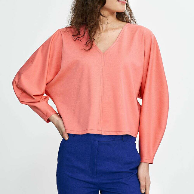 Pink Viscose Oversized Blouse With Balloon Batwing Sleeves