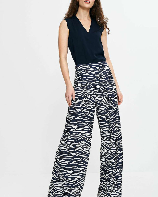 Navy Blue V Neck Sleeveless Blouse With Pleated Trim