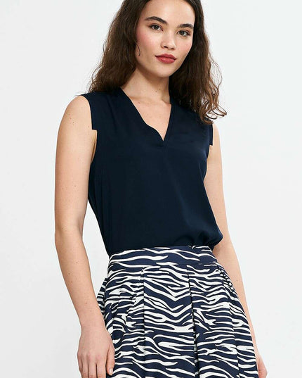 Navy Blue V Neck Sleeveless Blouse With Pleated Trim