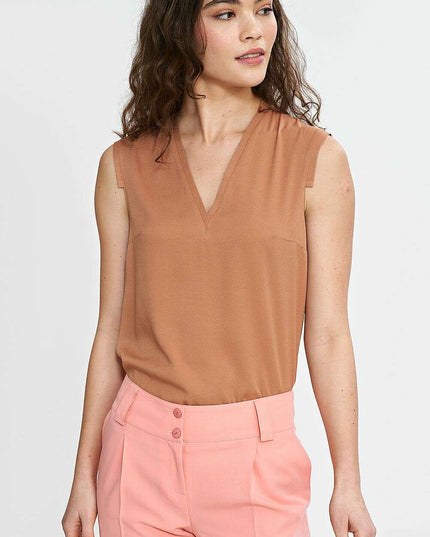 Navy Blue V Neck Sleeveless Blouse With Pleated Trim