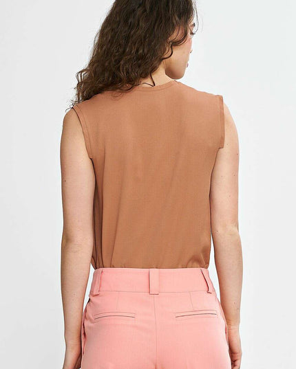 Navy Blue V Neck Sleeveless Blouse With Pleated Trim