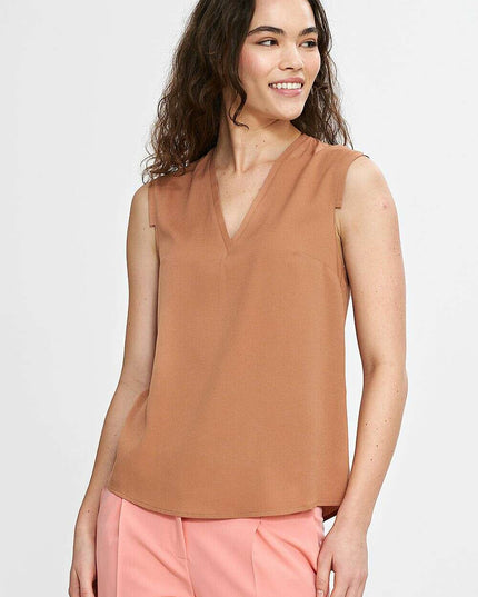 Navy Blue V Neck Sleeveless Blouse With Pleated Trim