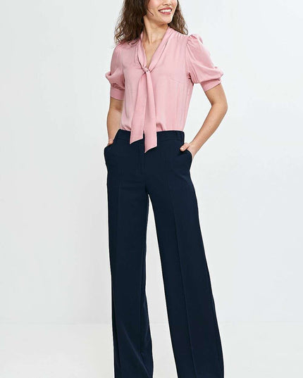 Pink V Neck Blouse With Tie Front And Puff Sleeves Chic