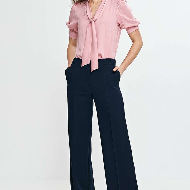 Pink V Neck Blouse With Tie Front And Puff Sleeves Chic