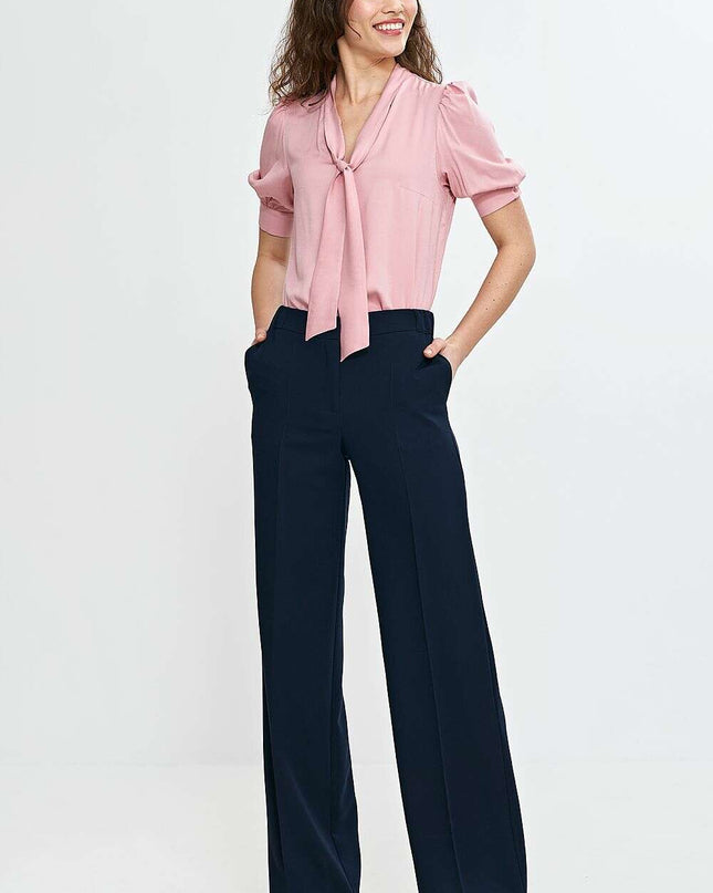 Pink V Neck Blouse With Tie Front And Puff Sleeves Chic