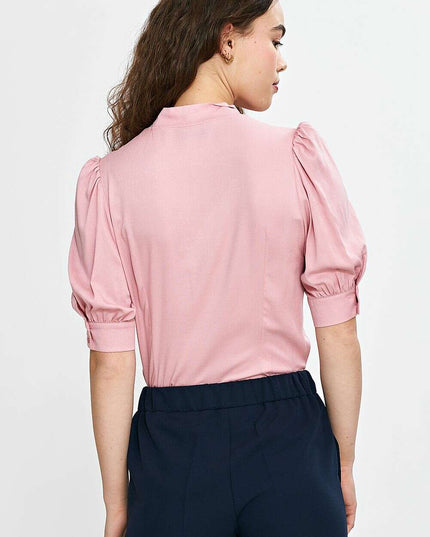 Pink V Neck Blouse With Tie Front And Puff Sleeves Chic