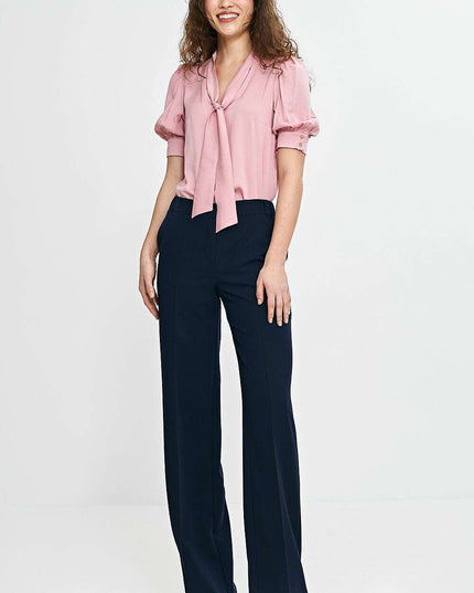 Pink V Neck Blouse With Tie Front And Puff Sleeves Chic
