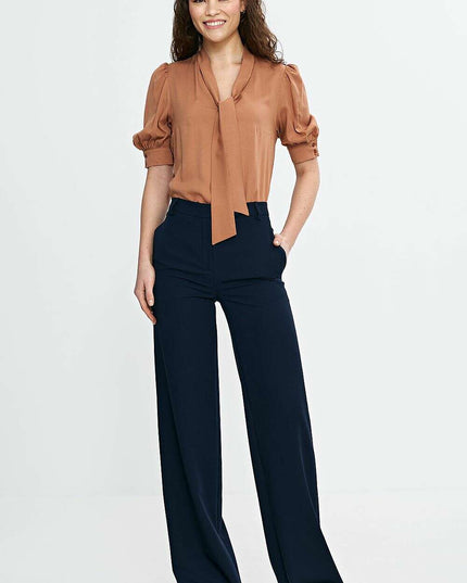 Pink V Neck Blouse With Tie Front And Puff Sleeves Chic