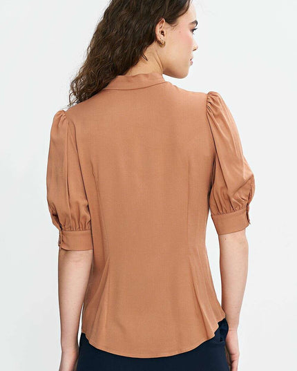 Pink V Neck Blouse With Tie Front And Puff Sleeves Chic