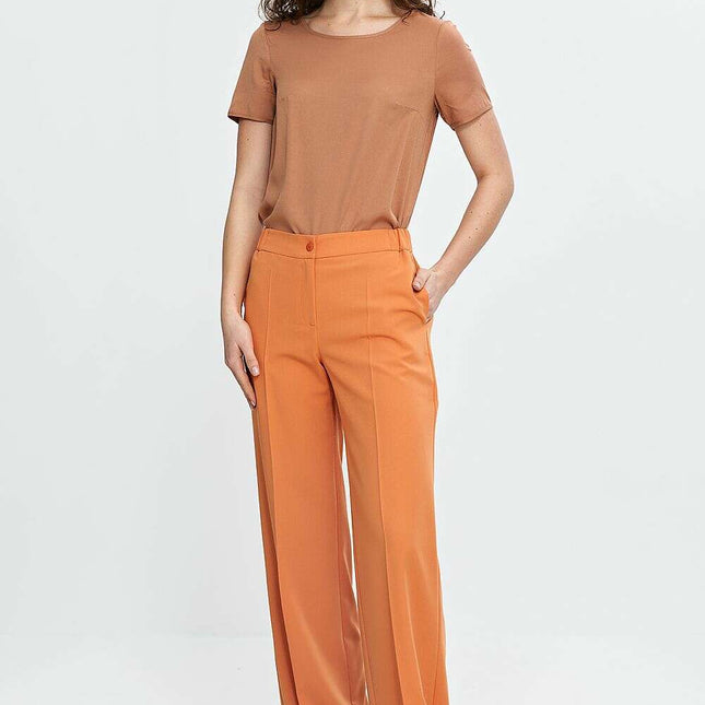 Orange Wide Leg Trousers For Women With Creased Front