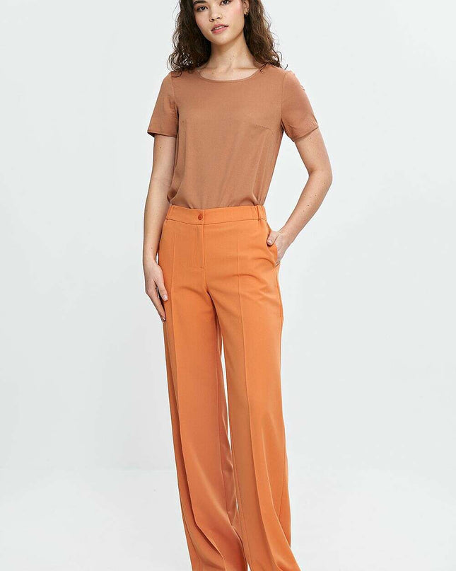 Orange Wide Leg Trousers For Women With Creased Front