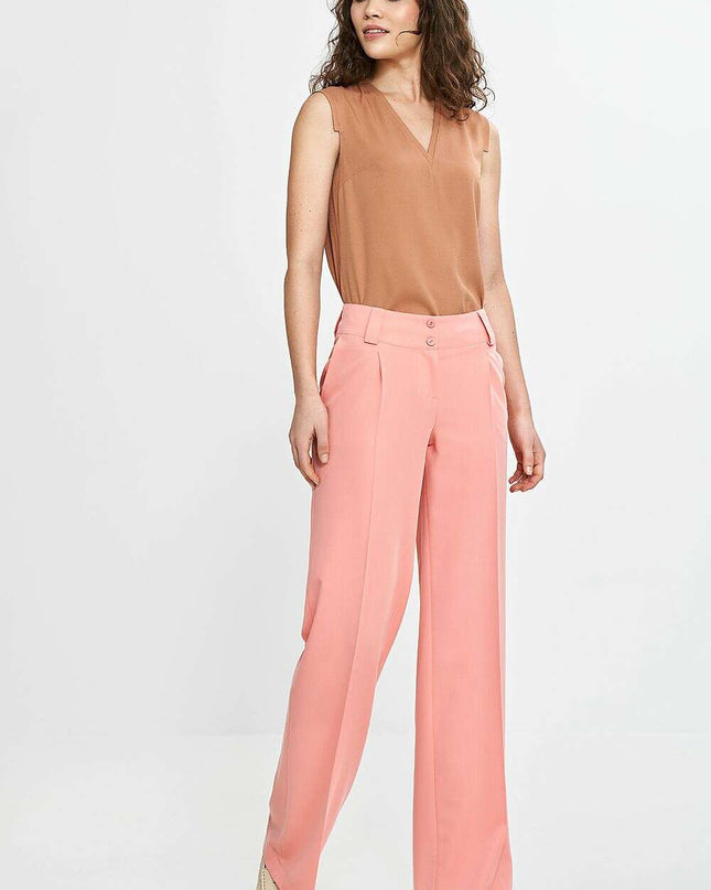 Pink Wide Leg Women Trousers Regular Fit Creased Chic
