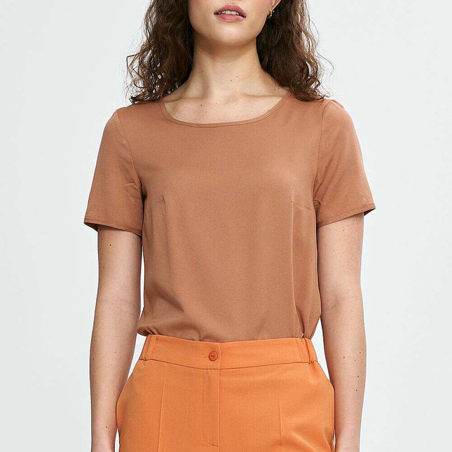 Brown Blouse Model 210089 Viscose Boat Neck Short Sleeve