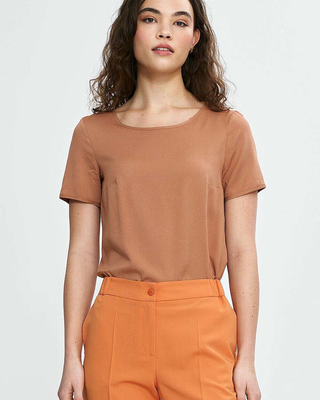 Brown Blouse Model 210089 Viscose Boat Neck Short Sleeve
