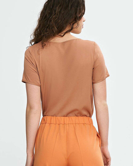 Brown Blouse Model 210089 Viscose Boat Neck Short Sleeve