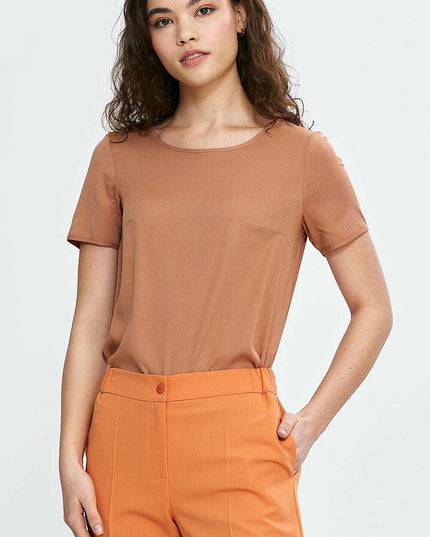 Brown Blouse Model 210089 Viscose Boat Neck Short Sleeve