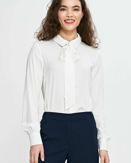 Elegant Beige Viscose Shirt For Women With Scarf Collar