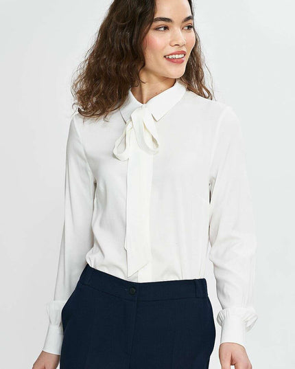 Elegant Beige Viscose Shirt For Women With Scarf Collar