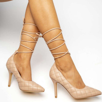 CORA Nude Quilted High Heels – Elegant Ankle Tie Stiletto