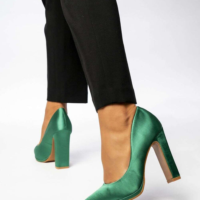 LAVANA GREEN Satin Pointed Toe Pumps – Women's Elegant High Heels