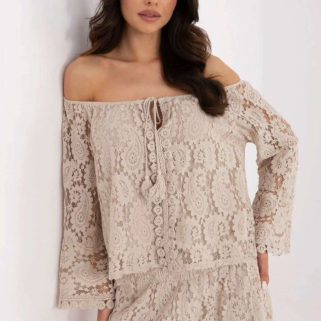 Beige Cotton Nylon Blend Lace Blouse 211441 For Women