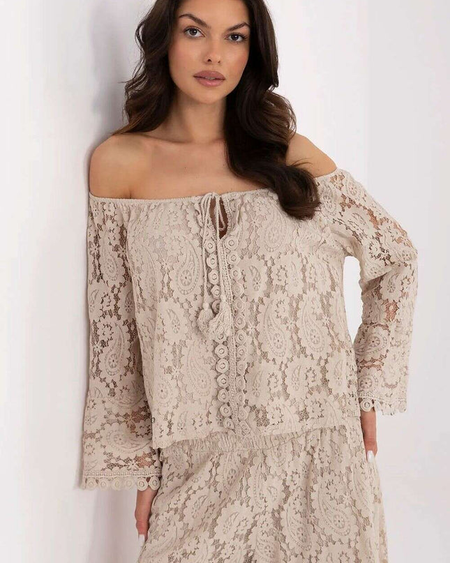 Beige Cotton Nylon Blend Lace Blouse 211441 For Women