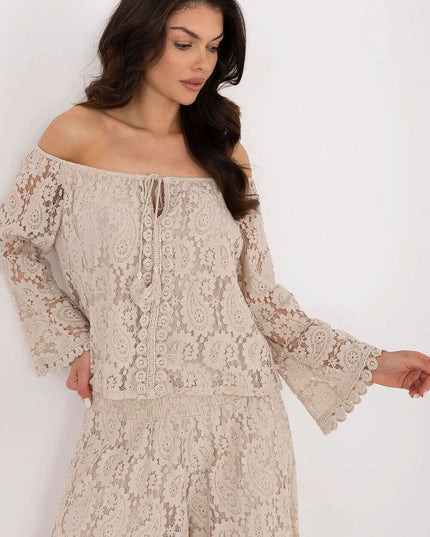 Beige Cotton Nylon Blend Lace Blouse 211441 For Women