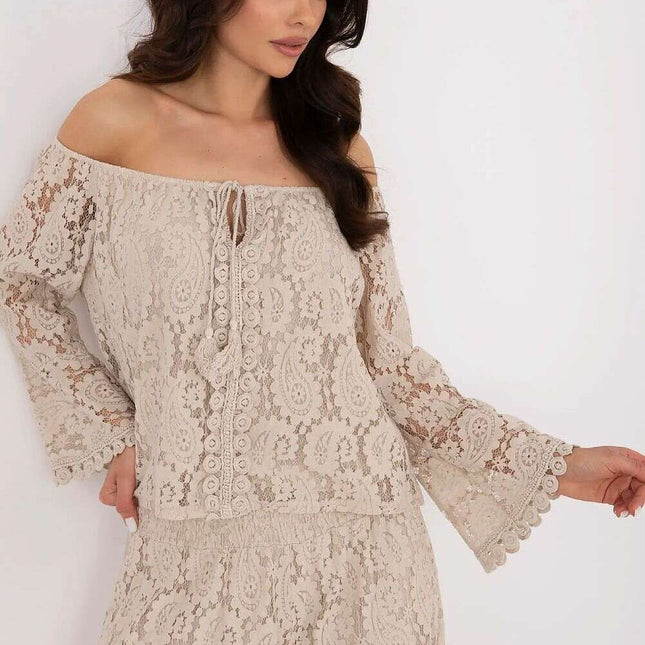 Beige Cotton Nylon Blend Lace Blouse 211441 For Women
