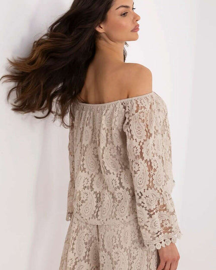 Beige Cotton Nylon Blend Lace Blouse 211441 For Women