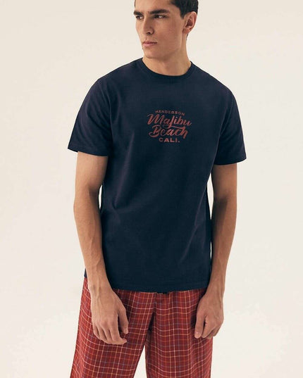 Men’s Cotton Pajama Set – Plaid Shorts & Loose Round Neck Top