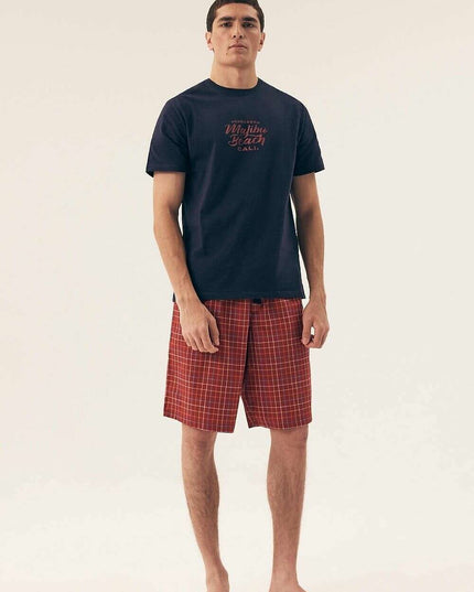 Men’s Cotton Pajama Set – Plaid Shorts & Loose Round Neck Top