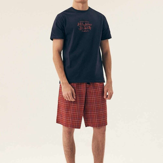 Men’s Cotton Pajama Set – Plaid Shorts & Loose Round Neck Top