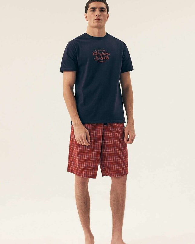 Men’s Cotton Pajama Set – Plaid Shorts & Loose Round Neck Top