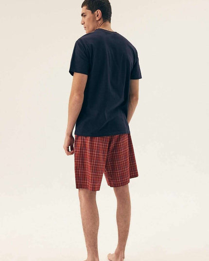 Men’s Cotton Pajama Set – Plaid Shorts & Loose Round Neck Top