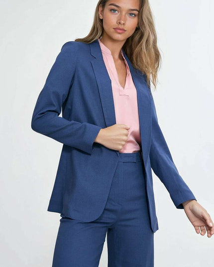 Blue Linen Rayon Blazer For Women No Fastener Regular Fit