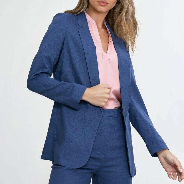 Blue Linen Rayon Blazer For Women No Fastener Regular Fit