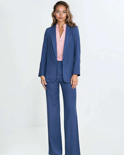 Blue Linen Rayon Blazer For Women No Fastener Regular Fit