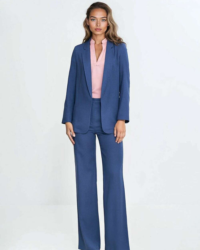 Blue Linen Rayon Blazer For Women No Fastener Regular Fit